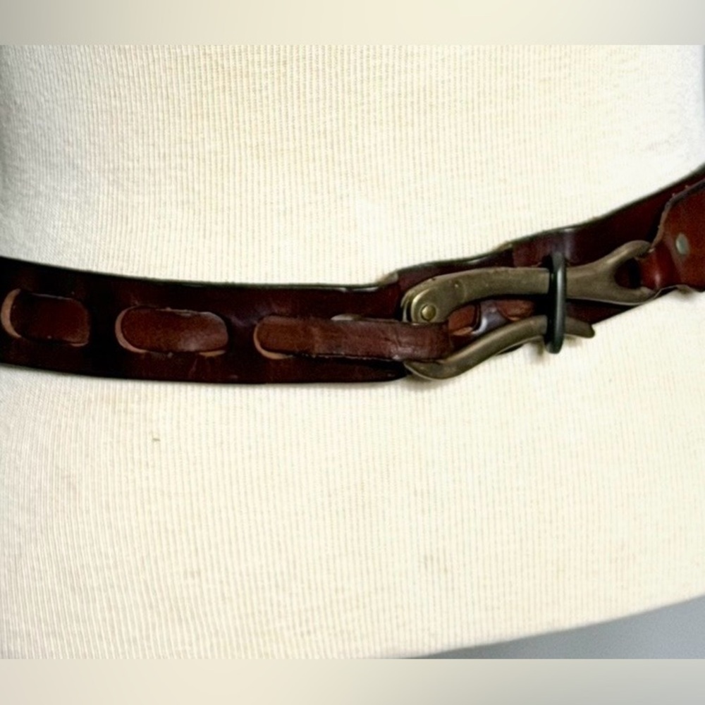 36in Vintage Brass Nautical Pelican Hook Darker Brown Leather Belt - Picture 3 of 16